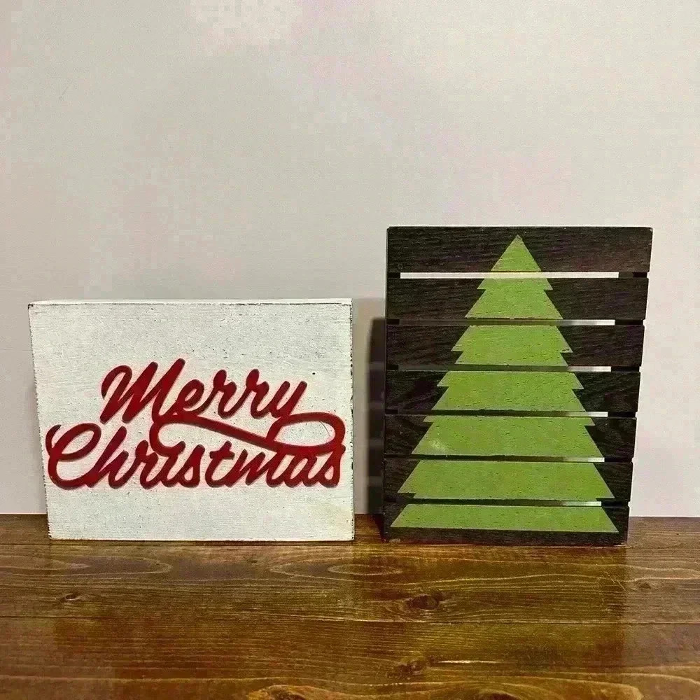 Set Of 2 Homemade DIY Wooden Christmas Seasonal Holiday Decor